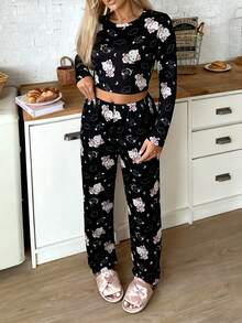 2件套女士圆领短款印花长袖上衣+松紧腰裤可爱家居服套装，秋冬服装 - 黑色 - 查看 2