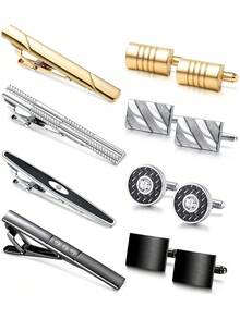 Xiacheng Tie Clip Cufflinks Set For Men Necktie Tie Bar Clips Business Shirts Tuxedo Wedding Gift With Box Silver-Tone Gold-Tone Black - Multicolor - View 9
