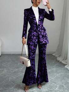 Traje de Vestir Mujer con Estampado Floral, Chaqueta y Pantalones Campana, Moda Elegante para Oficina y Eventos - Morado - Ver 1