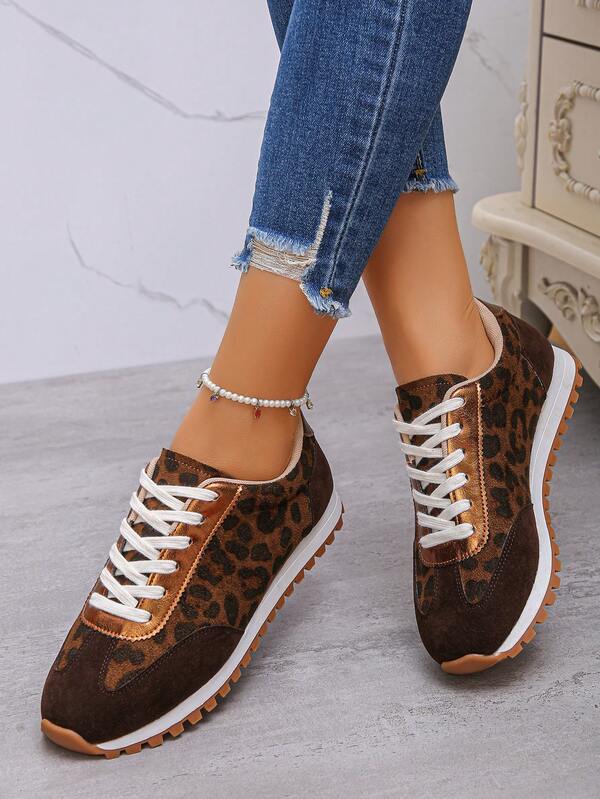 1 Paio di Scarpe da Corsa Casual da Donna con Stampa Leopardata, Punta Tonda, Suola Morbida, Allacciate, Leggere e Confortevoli