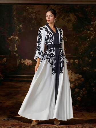 优雅花卉刺绣喇叭袖阿巴亚连衣裙、派对、朴素长袍