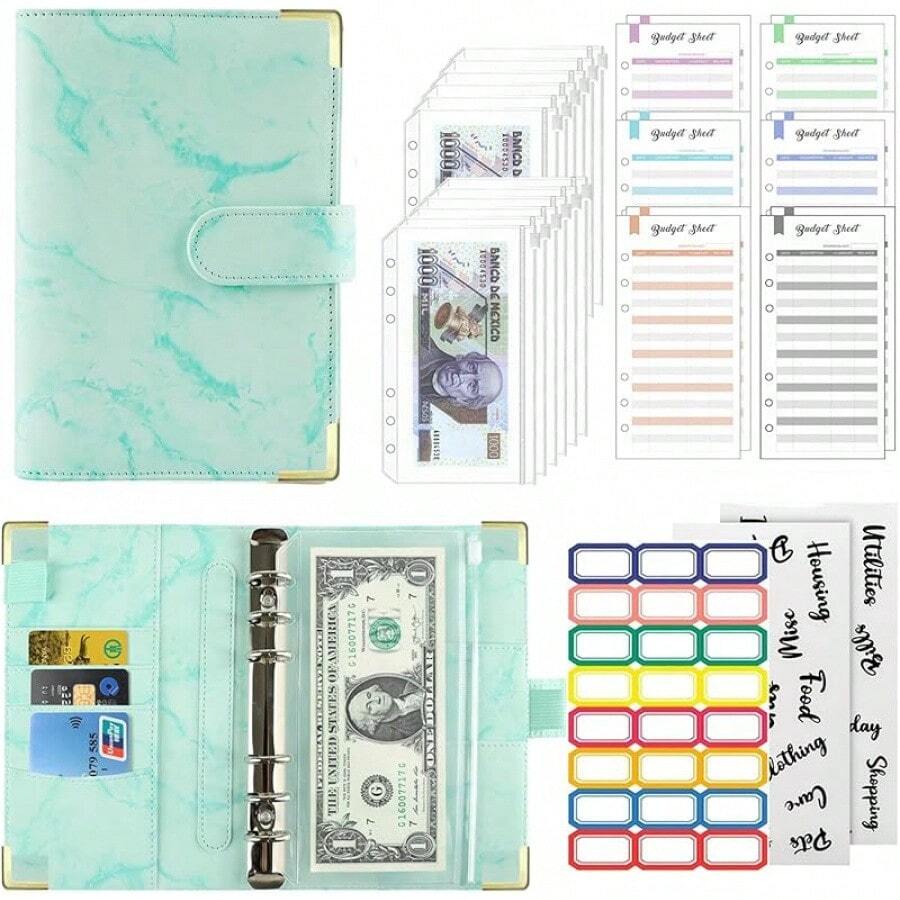 Organizador de Dinero A6, Organigastos Tipo Cartera Cuero con 12 Sobres Transparentes con Cierre, 12 Hojas de Planificador de Presupuesto de Finanzas, Libreta de Ahorro y Gastos con 3 Pegatinas, Rosa - Verde - Ver 1