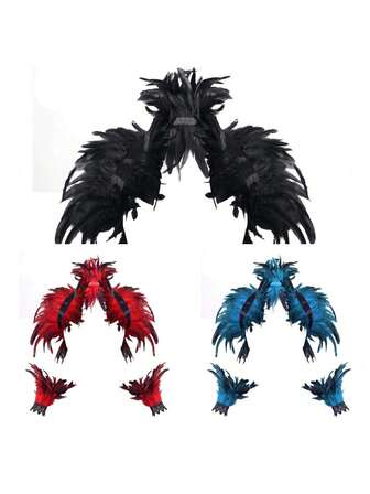 3件套万圣节服装套装，包括羽毛披肩、头饰和羽毛手链。羽毛披肩、发带、披肩、万圣节项链，哥特维多利亚风格。适合万圣节、狂欢节、朋克派对、化装舞会等场合。