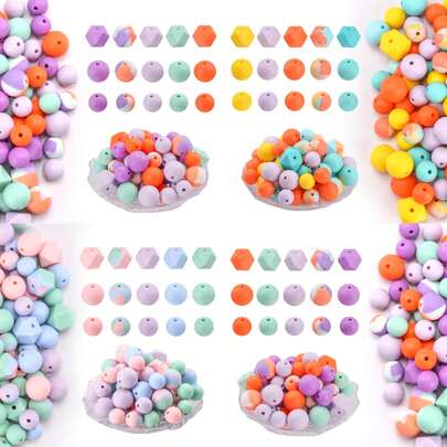 85颗彩虹色硅胶珠子及珠子组合，混合圆形和六边形隔珠，适用于DIY珠宝制作、钥匙扣、证件挂绳，青少年和成人手工礼品套装
