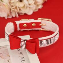 1pc Super Fiber Leather Black Rhinestone Bow Plush Cat/Dog Collar, Cute Adjustable Suede Pet Collar - Red - View 6