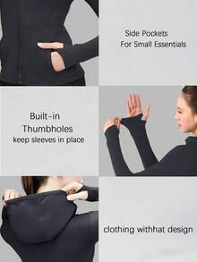 Women's Spring/Summer Hooded Sports Jacket, Winter Women's Jacket, Fashionable Yoga, Outdoor Running, Commuting, Elastic Comfort, Back Shaping, Abdominal Shaping, Slimming And Fitness, Running Sportswear, Zipper Elasticity, Minimalist Fashion, Sexy, Slim Fit, Long Sleeved Yoga Jacket - 藏蓝色 - 查看 2