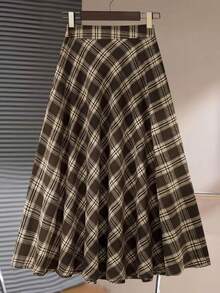 Plaid A-Line Skirt For Women, High Waist Elegant Casual Pleated Skirt With Zipper - Brown - View 2