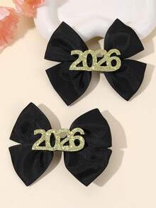 2pcs/Set 2026 Happy New Year Design Teen Girls Hair Bow Clips,Glitter 2026 Decor Black Fabric Headdress,Suitable For Teens New Year Festival Outfit Hair Accessories - Multicolor - View 2