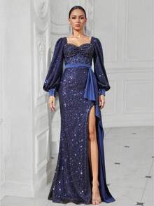 Robe de soirée formelle à col carré bleu marine avec sequins, manches bouffantes, ceinture taille blocs de couleurs et fente. Idéale pour les événements sur le tapis rouge. - Bleu marine - Voir 2