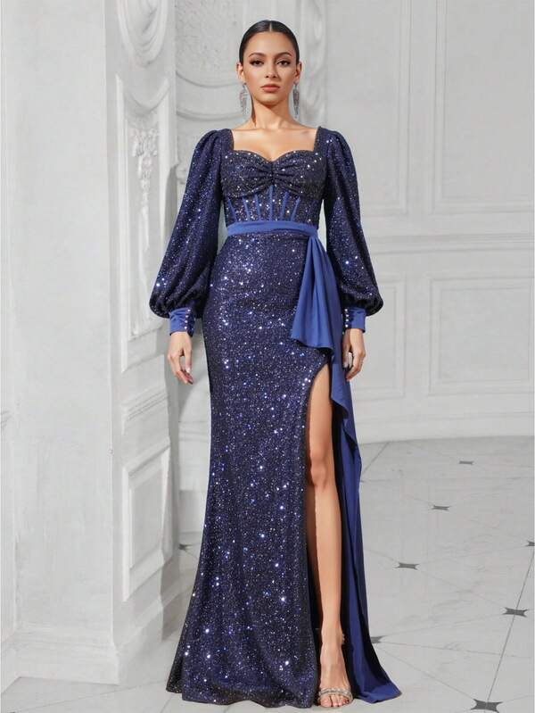 Women's Solid Color Sweetheart Neck Sequin Lantern Sleeve Side Slit Hem Elegant Dress