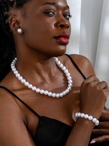 5pcs Fashionable Versatile Elegant Pearl Necklace, Earrings, Ring, Bracelet Jewelry Set, Women's Pearl Jewelry Set, Suitable For Wedding, Daily Wear, Best Gift - White - View 2