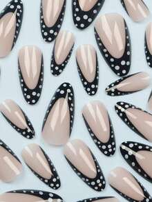 24pcs Medium Almond-Shaped Nail Stickers, Black & White Polka Dot Pattern, French Style, Minimalist Chic, Press-On Nail Kit (Includes: 1pc Jelly Gel And 1pc Nail File), Suitable For Women's Daily Dates And Parties - Black and White - View 3