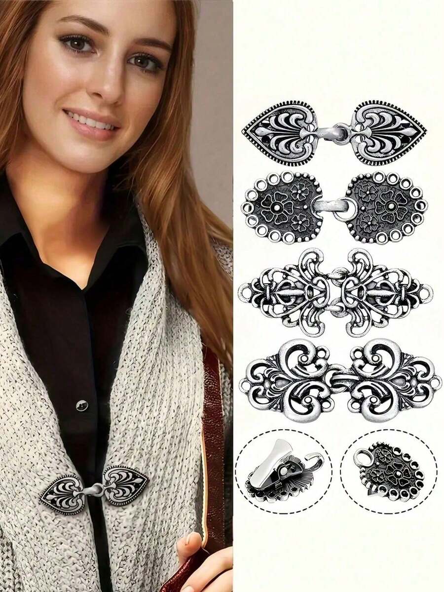 1pc/4pcs Vintage Style Cardigan Clips - Elegant Sweater & Dress Clips, Scarf Fasteners, Shawl Pins, Suitable For Dresses And Knitwear, Silver Metal Brooch - 彩色 - 查看 1