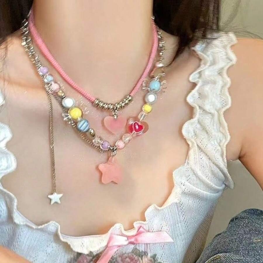 Candy Paradise Dopamine Color Beaded Star Fringed Necklace - 粉紅色星夢組合[圖片兩件套] - 查看 1