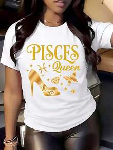 Women Round Neck T Shirt Pisces Queen Gold Heel Butterfly Diamond Print Short Sleeve Casual Fashion Tee For Zodiac Signs Party Daily Wear - 白色 - 查看 1
