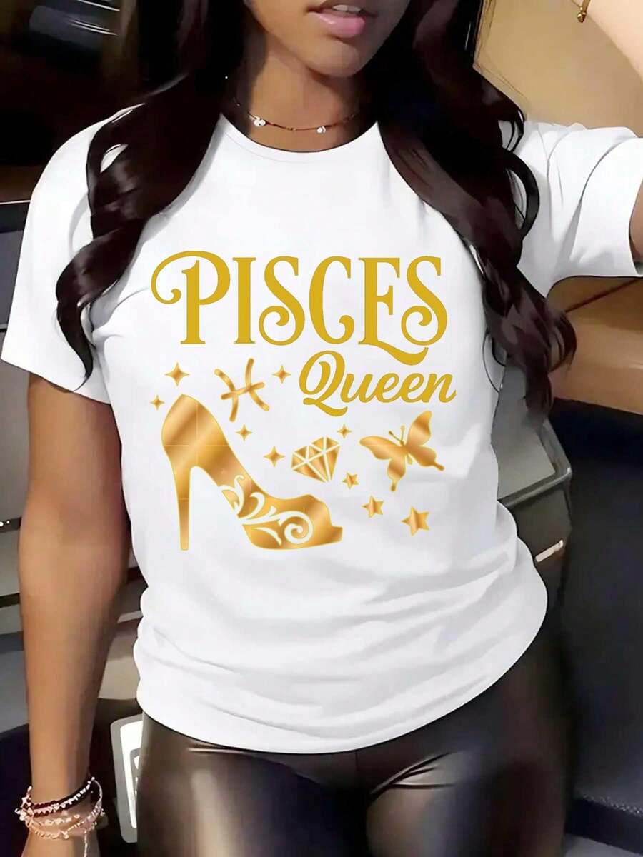 Women Round Neck T Shirt Pisces Queen Gold Heel Butterfly Diamond Print Short Sleeve Casual Fashion Tee For Zodiac Signs Party Daily Wear - 白色 - 查看 1
