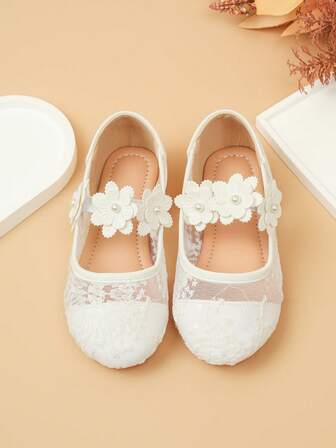 1 Pair New Summer Girls Round Toe Mary Jane Flats, Infant Princess Lace Shoes, Bow Decor Versatile Little Girls Shoes, Suitable For Wedding, Outdoor Anti-Slip, Casual
