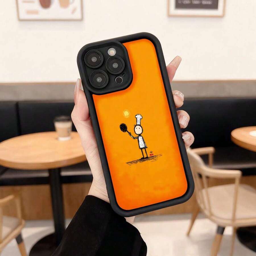 Cubierta de telefono con borde negro y parte trasera naranja con diseño de chef sosteniendo una bola de tenis y una estrella brillante para uso diario en cafeterías y espacios casuales Aplicable a los teléfonos de la serie Apple y Galaxy - Burdeos - Ver 1