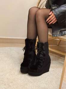 Botines de cuña con suela de yute para mujer, diseño con pelo decorativo y cordones, con plataforma y unicolor súper moda, ideal para la fiesta y vacaciones - Negro - Ver 9