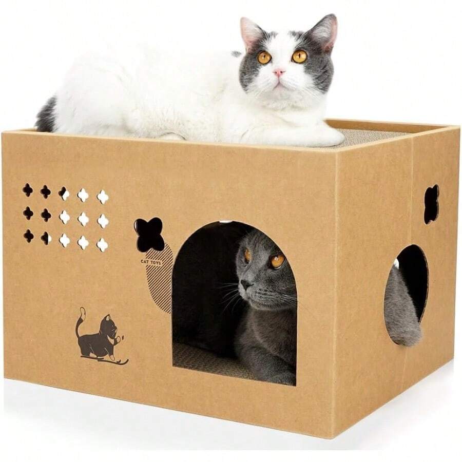 Casa de carton para gatos con 2 almohadillas para orejas para rascar cama grande para gatos rascadores para gatos de interior con carton corrugado caja rascador desmontable para gatos Cactus - MaderaCactus - Ver 1