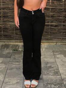 Fashionable & Elegant Minimalist Women's Double-Breasted Slim Fit Flare Leg Jeans, Slimming - Black - View 2