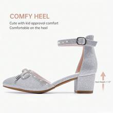 1 Pair Girls Sandals Closed Toe High Heels Pointed Toe Ankle Strap Pumps Flower Girl Dressy Shoes In Wedding Party Cute Bowknot Chunky Block Heeled For Little Big Kids - 細粉銀 - 查看 6