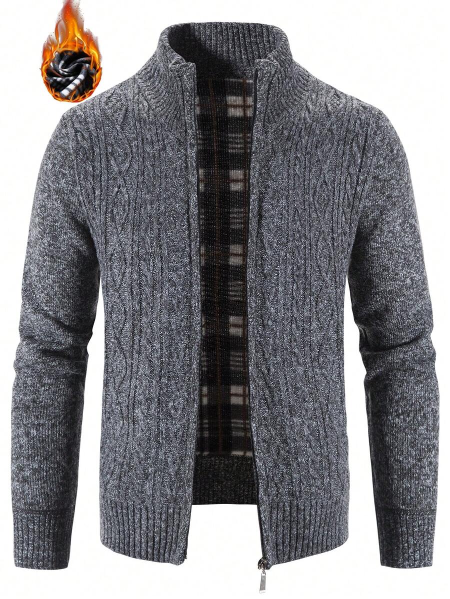 Men's Casual Comfortable Solid Color Geometric Pattern Zip-Up Cardigan, Minimalist High-End Knitted Sweater Cardigan, Autumn/Winter, Long Sleeve Top - Màu xám đen - Xem 1