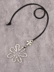 1件简约银白色不对称镂空花朵合金吊坠项链，时尚日常长款项链，配棕色蜡绳，适合年轻女性、女友佩戴 - 銀白色不規則鏤空花 - 查看 4