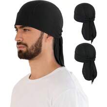 Cooling Do Rags Skull Cap Helmet Liner, Sweat Wraps Bandanas Men Running Cycling Motorcycle - One Size + Black & Black - View 2