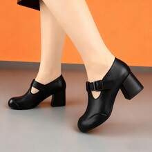 Zapatos retro de tacón medio grueso para mujer, con punta redonda y hebilla, cómodos y versátiles para uso informal. - Negro - Ver 3