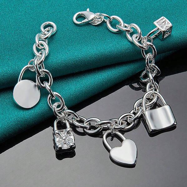 925 Sterling Silver Plated Lock Pendant Bracelets For Women Men Wedding Party Fashion Jewelry