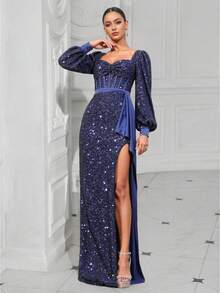 Robe de soirée formelle à col carré bleu marine avec sequins, manches bouffantes, ceinture taille blocs de couleurs et fente. Idéale pour les événements sur le tapis rouge. - Bleu marine - Voir 5