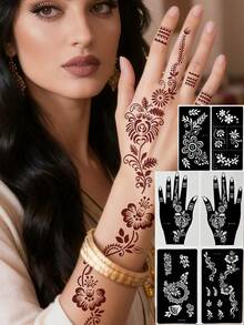 Juego de 6 plantillas de tatuaje de henna, plantilla de mano y plantilla floral, adecuado para vestir manos y Body, aplicable a escenarios de fiesta diarios y reutilizable