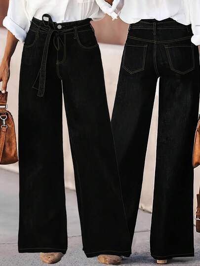 New Women's Simple Belt Loop Straight Leg Stretch Jeans