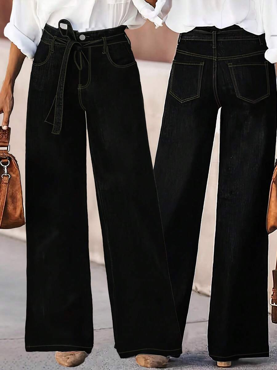 新款女士简约腰带环直筒弹力牛仔裤 - 黑色 - 查看 1