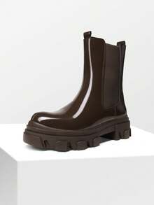 Women's Platform Chelsea Boots Lug Sole Combat Mid Calf Slip On Chunky Ankle Booties - 巧克力棕 - 查看 2