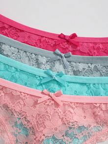 4pcs/Pack Women's Solid Color Sexy Lace Patchwork Thong Panties With Cute Bow, Seamless Stretchy Breathable Ladies Underwear