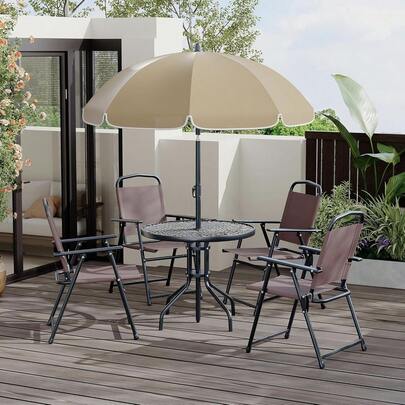 Conjunto De Comedor para Patio De 6 Piezas, Conjunto De Muebles De Exterior con 4 Sillas Plegables, Una Sombrilla y Una Mesa De Comedor, Conjunto De Mesa y Sillas De Exterior
