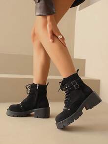 Retro Thick Sole Square Heel Petite Booties, Casual Versatile Short Ankle Boots, Lace-Up Buckle Decor, Fashionable Boots For Autumn/Winter 2025 - Black - View 3