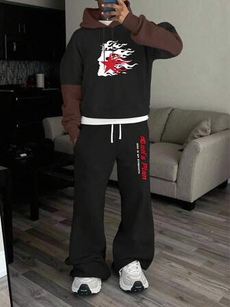 2 Parçalı Set: Yeni Sonbahar/Kış Erkek Renk Bloklu Uzun Kollu Kapüşonlu, Harf Baskılı ve Elastik Bel Bağcıklı Geniş Paça Pantolon Seyahat, Tatil, Fitness, Koşu İçin Rahat Spor Pantolon Çiftler İçin Uyumlu Kıyafet