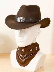 1 Set Sombrero de Vaquero Unisex con Decoración de Cuernos de Toro + 1 Bufanda con Estampado de Anacardo, Conjunto de Moda Adecuado para Montar a Caballo, Rodeo, Festivales de Música, Bares/Fiestas, Regalos y Uso Diario