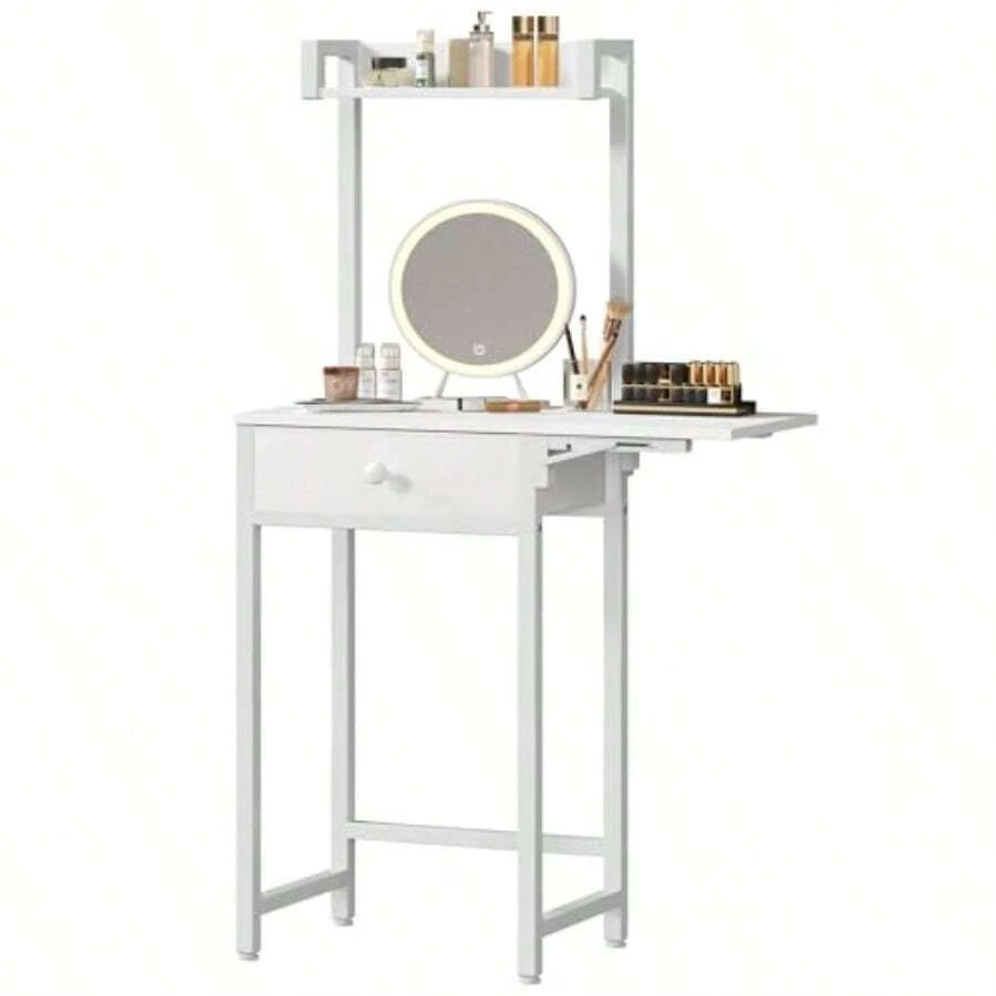 Small Vanity Desk Without Mirror Makeup Vanity Table For Small Space Compact White Dressing Table With Fold-Up Panel And Fabric Drawer For Bedroom Easy Assembly White - 白色 - 查看 1