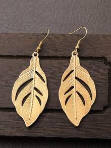 1 Pair Fashionable Leaf & Feather Hollow Design Earrings, Suitable For Women's Daily And Vacation Wear - Gold - View 6
