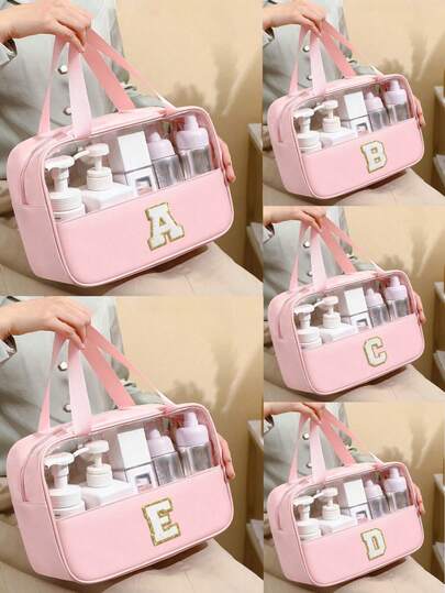 Transparent PVC Makeup Bag, Letter Makeup Bag, Waterproof Travel Makeup Bag, Letter Zipper Waterproof Makeup Organizer Bag, Portable Cosmetic Travel Bag With Handle, Makeup Organizer Bag, Suitable For Travel Toiletries, Travel Essentials, Cruise Essentials, Travel Accessories, Bathroom Storage, Jewelry Storage, Lipstick Storage, Nail Polish Storage, Easter Gift, Bridesmaid Gift, Mother's Day Gift, Women Gift