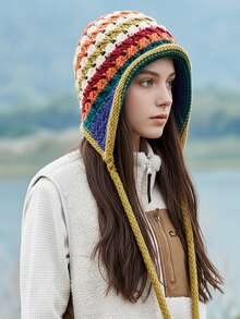 CAMEL CROWN Crochet wool hat ethnic style women's autumn and winter tassel warm cold hat bohemian style knitted hat - 橘藍綠條紋 - 查看 3