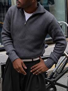 Áo thun dài tay dệt kim cổ tròn họa tiết tối giản, khóa kéo, kiểu dáng rộng rãi, thoải mái, hàng mới về mùa Thu/Đông của ANDREILEE, dành cho cả nam và nữ. - Xám - Xem 1