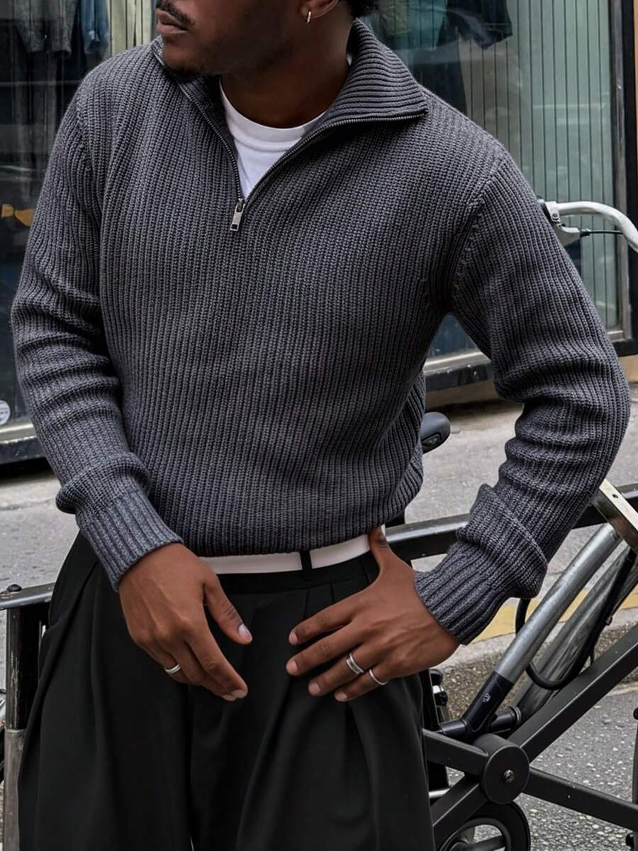 Áo thun dài tay dệt kim cổ tròn họa tiết tối giản, khóa kéo, kiểu dáng rộng rãi, thoải mái, hàng mới về mùa Thu/Đông của ANDREILEE, dành cho cả nam và nữ. - Xám - Xem 1