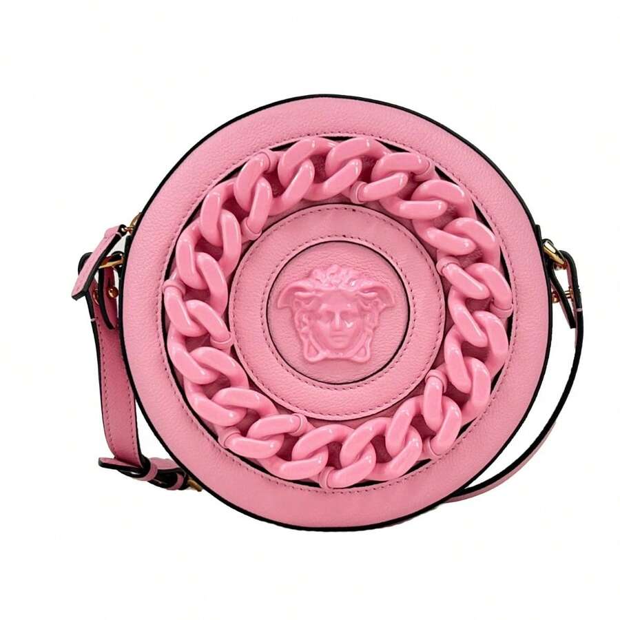 Versace Round Disco Leather Camera Case Crossbody Bag - Pink - View 1
