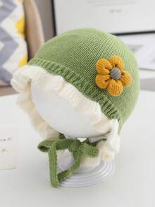 Autumn/Winter Baby Girl Lace Knitted Hat, Cute Princess Earflap Bucket Hat - A Flower - View 2
