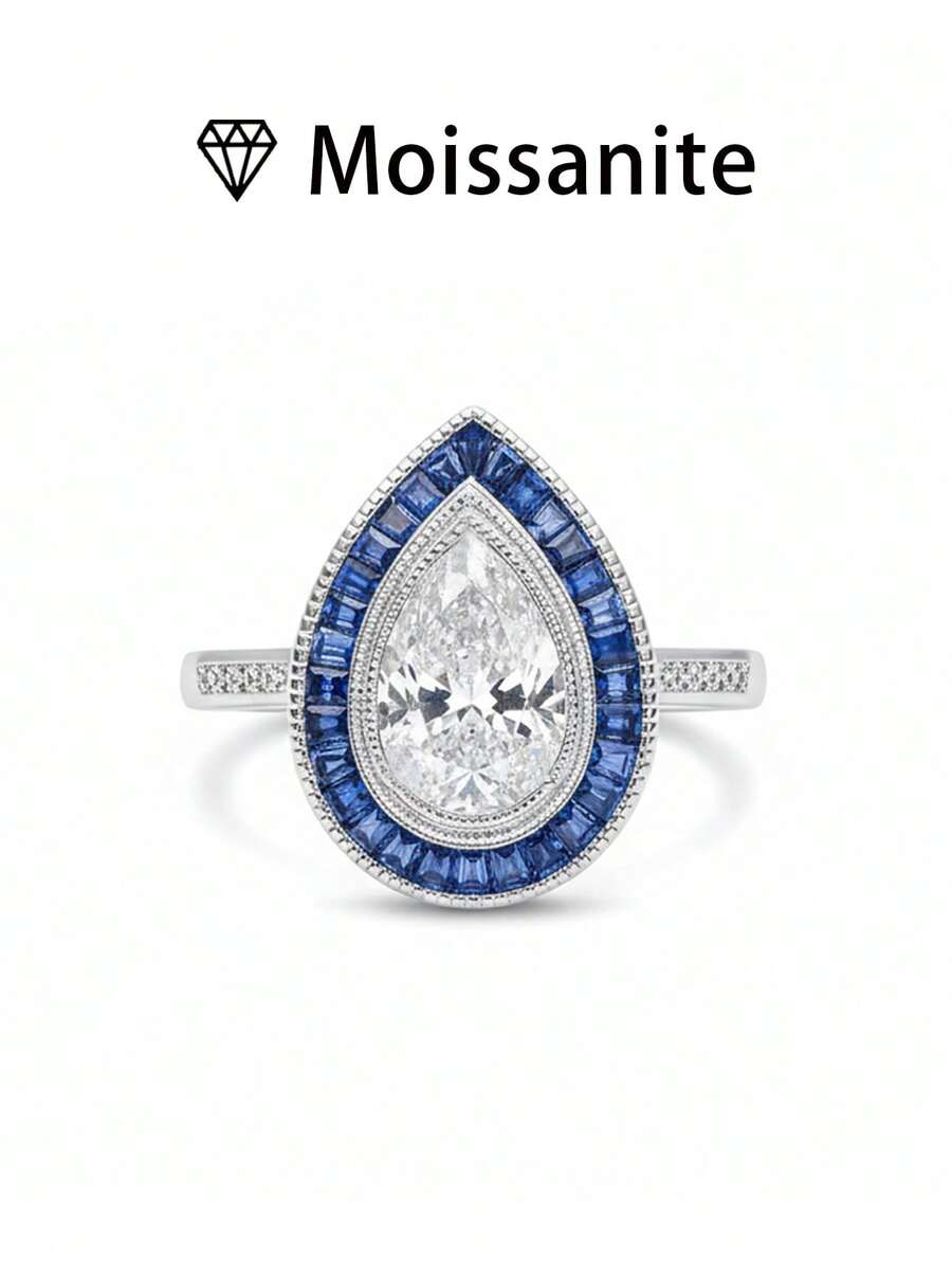 1 件女士结婚戒指，闪亮蓝边戒指，3.6 克 S925 纯银，2 克拉莫桑石，波西米亚宫廷风格，奢华订婚、婚礼、周年纪念、情人节礼物，附赠莫桑石证书和精美礼品盒